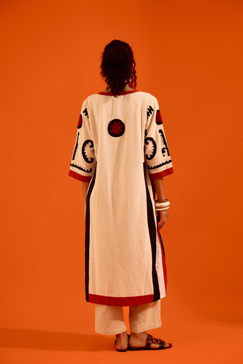 Natural Jute Thread Embroidered Tunic Set With Multi Color Maasai Motif TRI-AW-038 by Indian Summer Story in beige color for women Worldwide