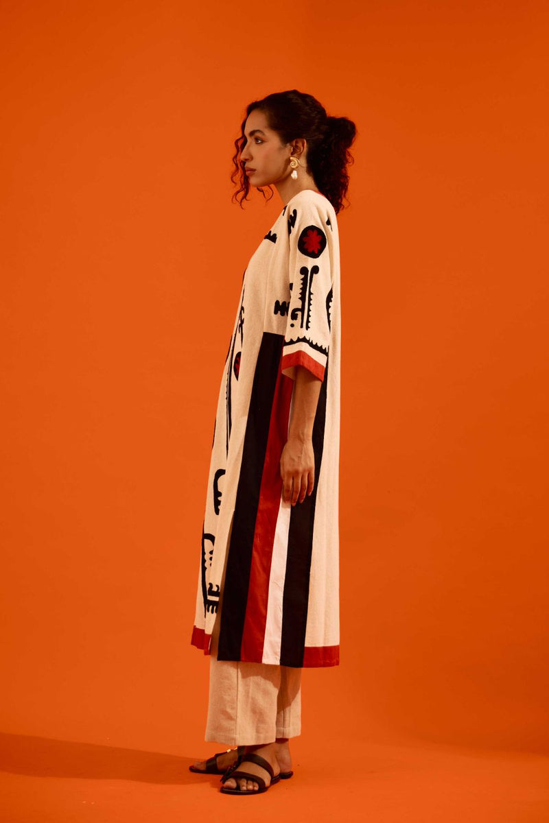 Natural Jute Thread Embroidered Tunic Set With Multi Color Maasai Motif TRI-AW-038 by Indian Summer Story in beige color for women Worldwide
