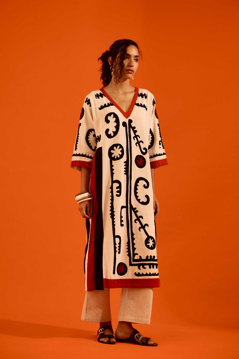 Natural Jute Thread Embroidered Tunic Set With Multi Color Maasai Motif TRI-AW-038 by Indian Summer Story in beige color for women Worldwide