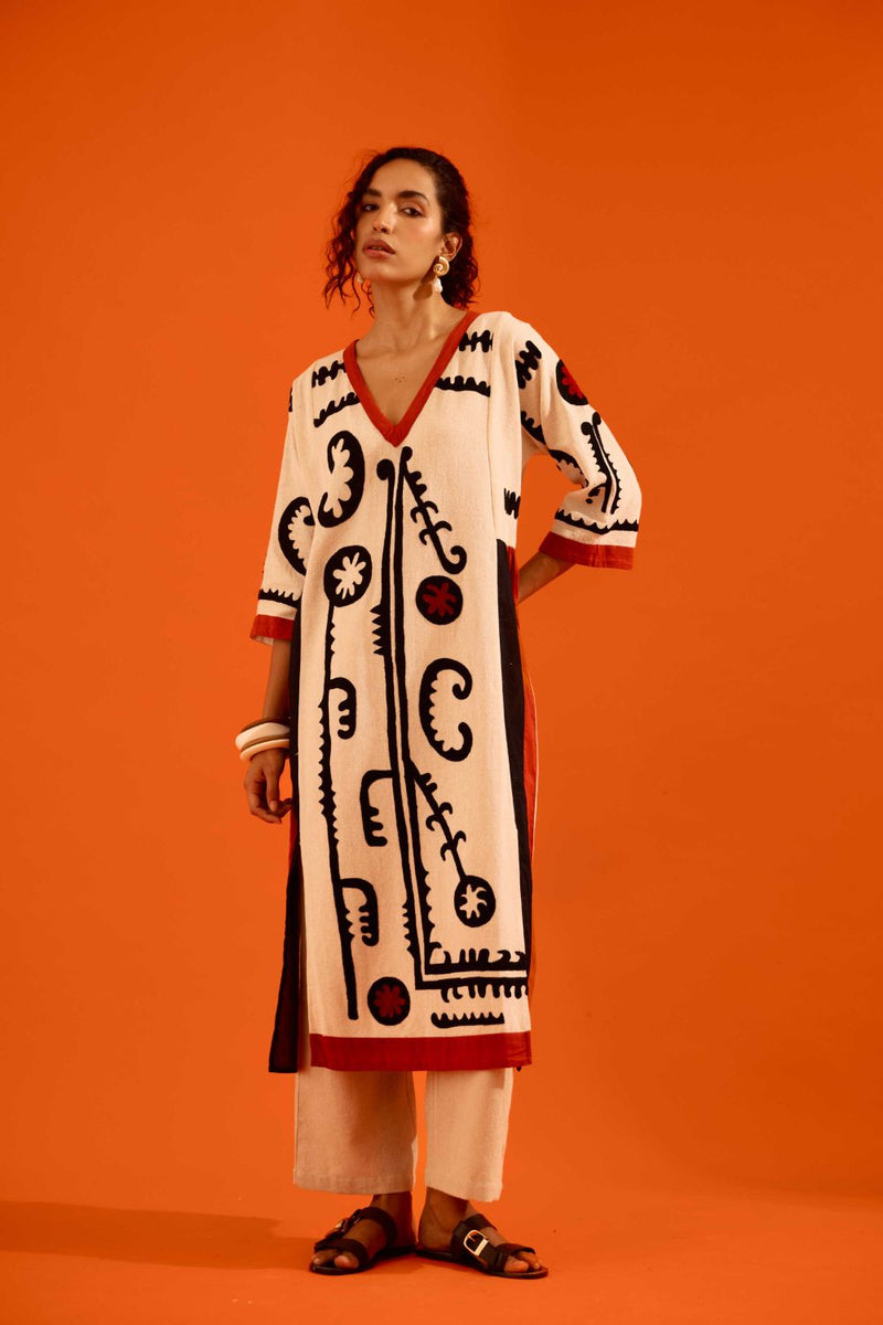 Natural Jute Thread Embroidered Tunic Set With Multi Color Maasai Motif TRI-AW-038 by Indian Summer Story in beige color for women Worldwide