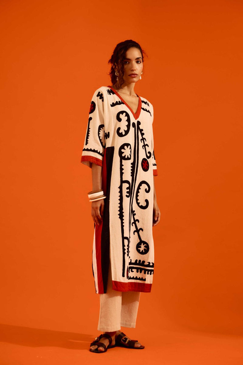 Natural Jute Thread Embroidered Tunic Set With Multi Color Maasai Motif TRI-AW-038 by Indian Summer Story in beige color for women Worldwide
