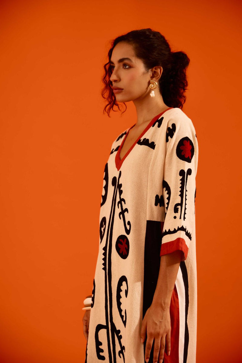 Natural Jute Thread Embroidered Tunic Set With Multi Color Maasai Motif TRI-AW-038 by Indian Summer Story in beige color for women Worldwide