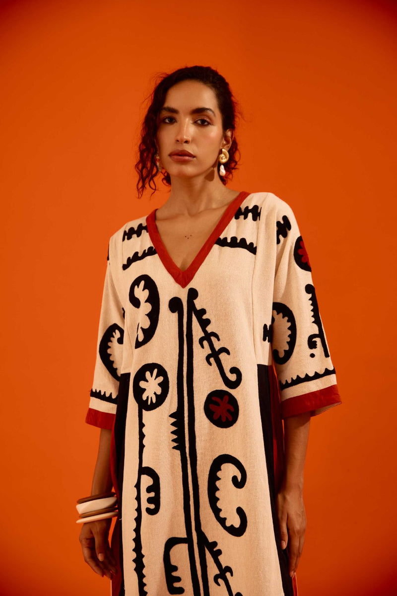 Natural Jute Thread Embroidered Tunic Set With Multi Color Maasai Motif TRI-AW-038 by Indian Summer Story in beige color for women Worldwide