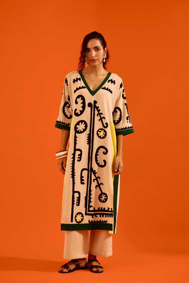 Natural Jute Thread Embroidered Tunic Set With Multi Color Maasai Motif (TRI-AW-039) by Indian Summer Story in beige color for women Worldwide