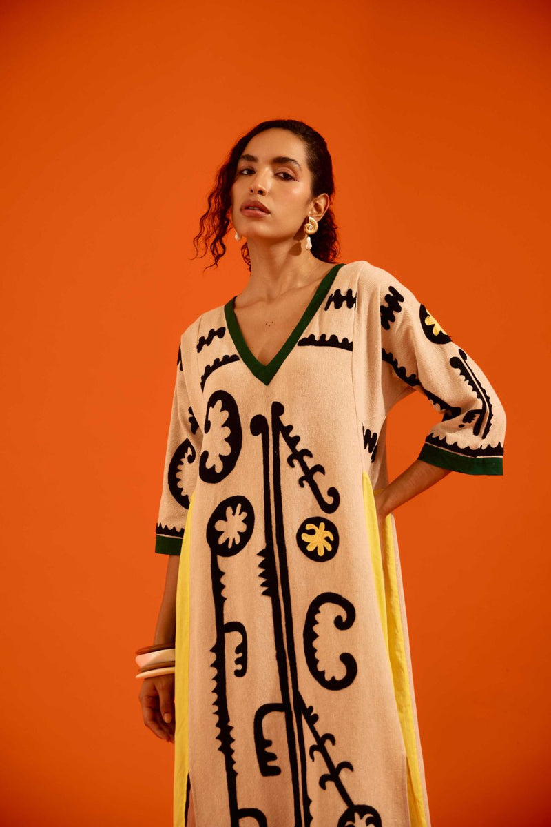 Natural Jute Thread Embroidered Tunic Set With Multi Color Maasai Motif (TRI-AW-039) by Indian Summer Story in beige color for women Worldwide
