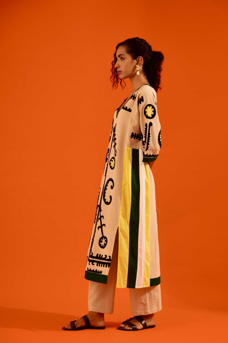 Natural Jute Thread Embroidered Tunic Set With Multi Color Maasai Motif (TRI-AW-039) by Indian Summer Story in beige color for women Worldwide