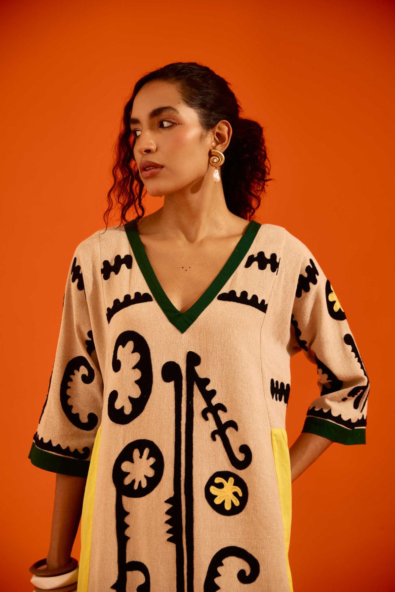 Natural Jute Thread Embroidered Tunic Set With Multi Color Maasai Motif (TRI-AW-039) by Indian Summer Story in beige color for women Worldwide