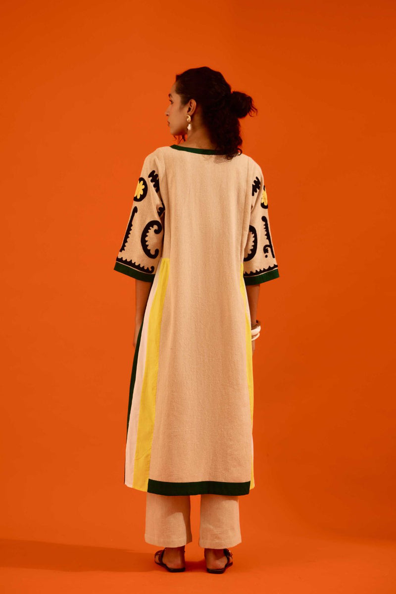 Natural Jute Thread Embroidered Tunic Set With Multi Color Maasai Motif (TRI-AW-039) by Indian Summer Story in beige color for women Worldwide
