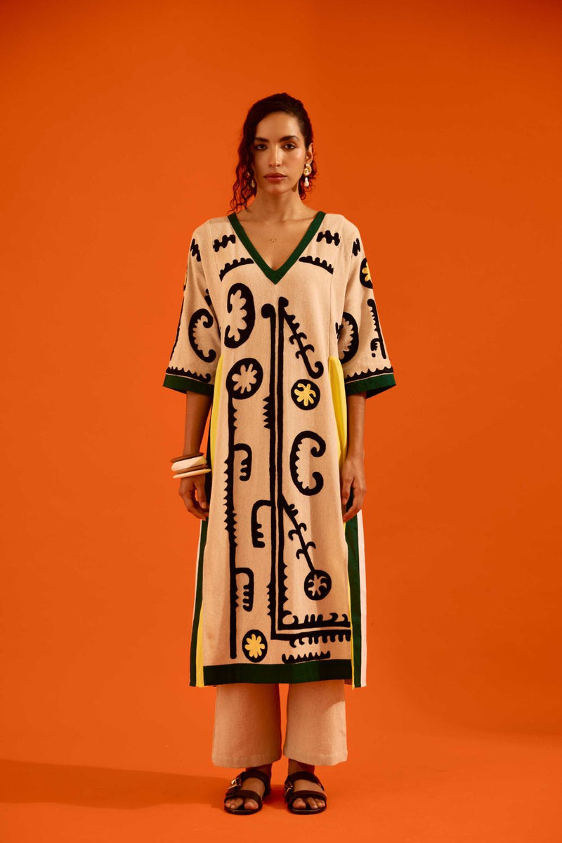 Natural Jute Thread Embroidered Tunic Set With Multi Color Maasai Motif (TRI-AW-039) by Indian Summer Story in beige color for women Worldwide