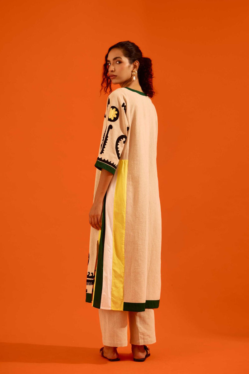Natural Jute Thread Embroidered Tunic Set With Multi Color Maasai Motif (TRI-AW-039) by Indian Summer Story in beige color for women Worldwide