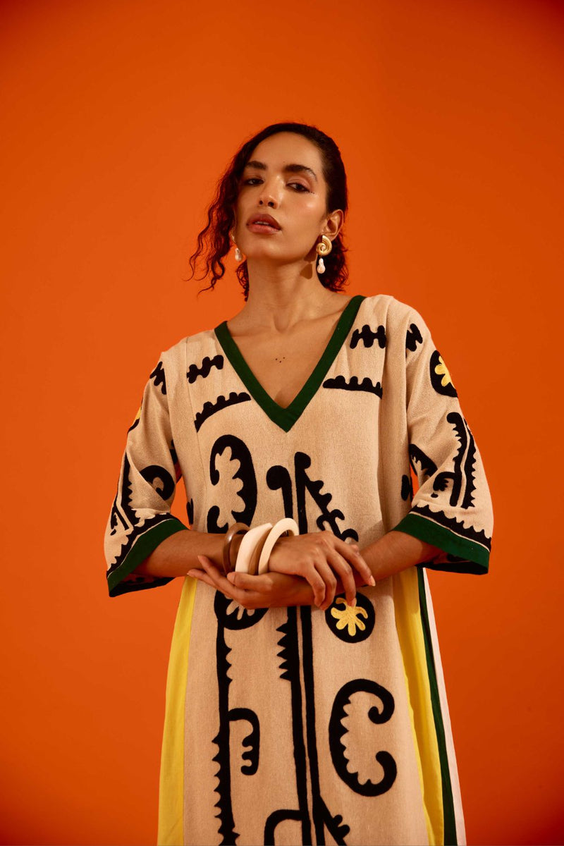 Natural Jute Thread Embroidered Tunic Set With Multi Color Maasai Motif (TRI-AW-039) by Indian Summer Story in beige color for women Worldwide