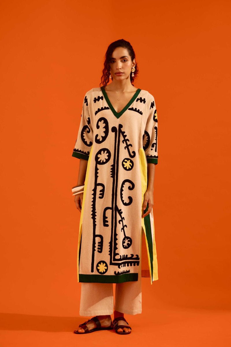 Natural Jute Thread Embroidered Tunic Set With Multi Color Maasai Motif (TRI-AW-039) by Indian Summer Story in beige color for women Worldwide