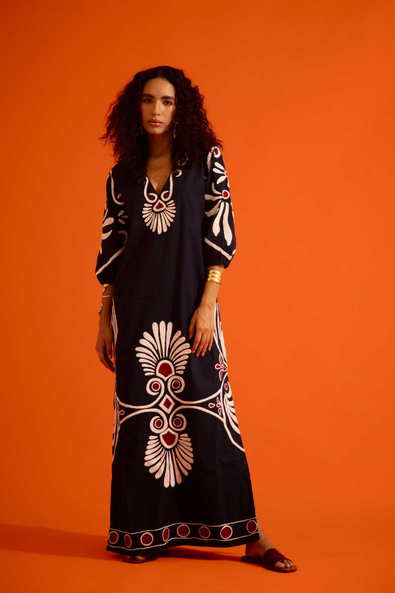 Black Cotton Botanical Maxi Thread Embroidered Dress poplin by Indian Summer Story in black color for women Worldwide