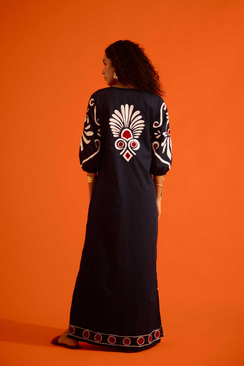 Black Cotton Botanical Maxi Thread Embroidered Dress poplin by Indian Summer Story in black color for women Worldwide