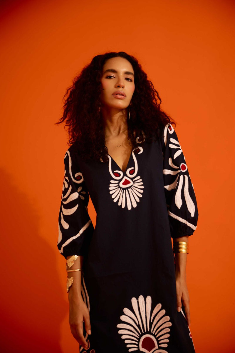 Black Cotton Botanical Maxi Thread Embroidered Dress poplin by Indian Summer Story in black color for women Worldwide