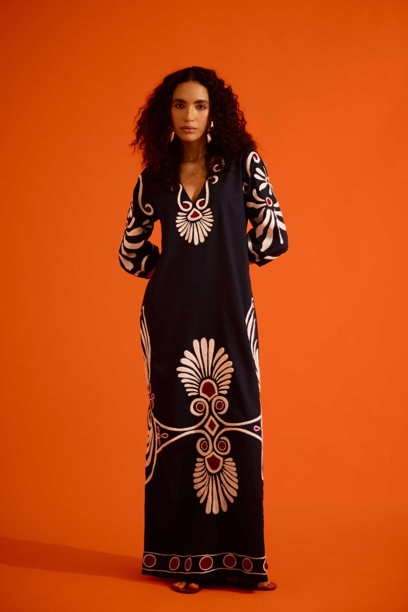 Black Cotton Botanical Maxi Thread Embroidered Dress poplin by Indian Summer Story in black color for women Worldwide