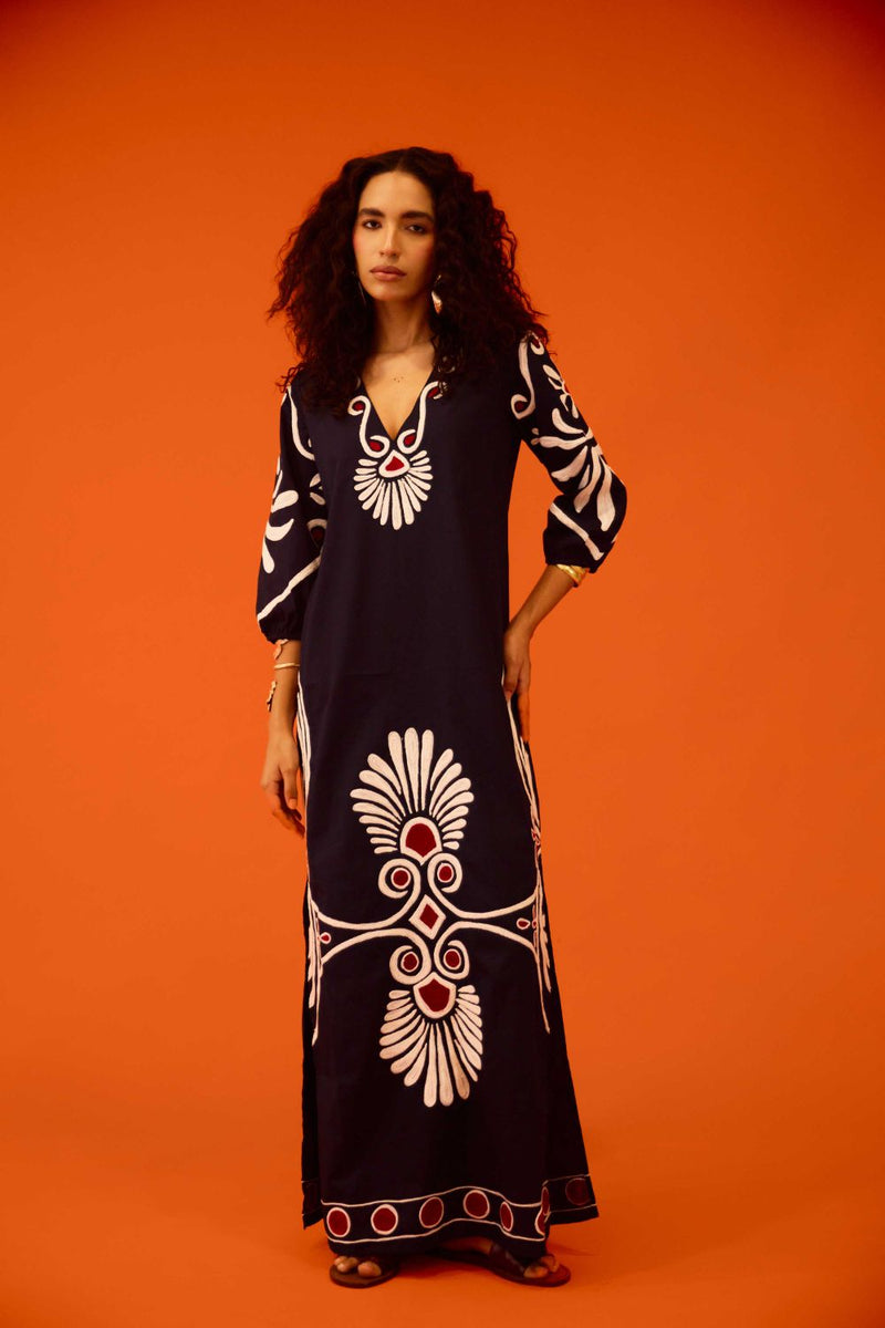 Black Cotton Botanical Maxi Thread Embroidered Dress poplin by Indian Summer Story in black color for women Worldwide