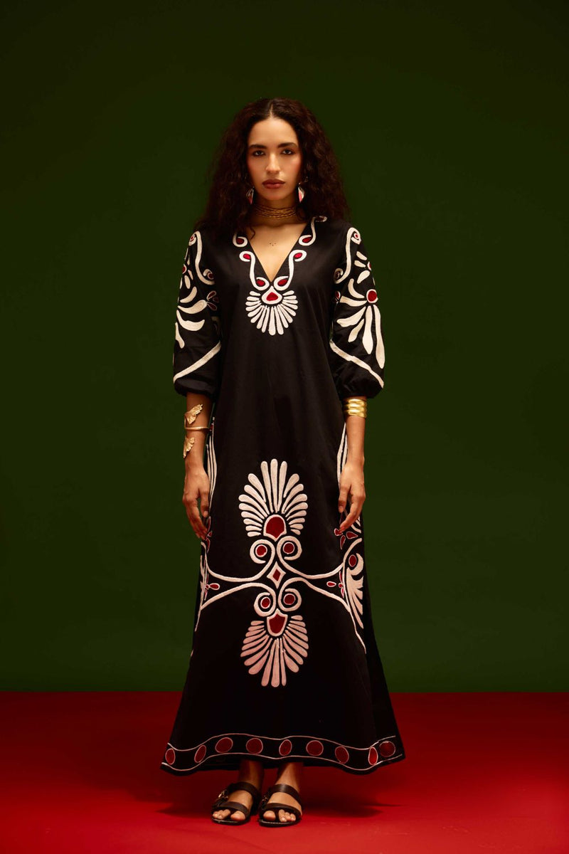 Midnight Blue Cotton Botanical Maxi Thread Embroidered Dress poplin by Indian Summer Story in blue color for women Worldwide