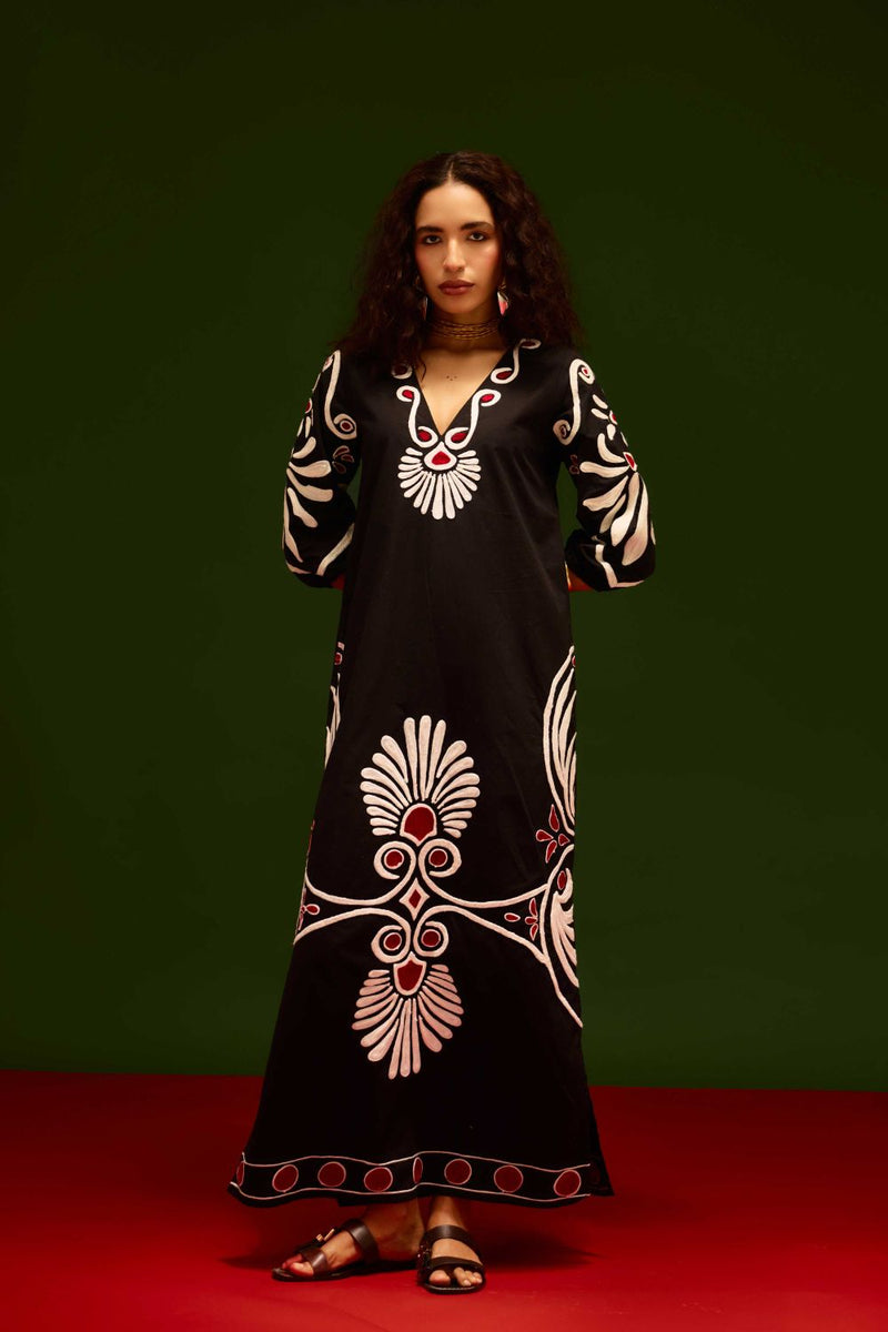 Midnight Blue Cotton Botanical Maxi Thread Embroidered Dress poplin by Indian Summer Story in blue color for women Worldwide