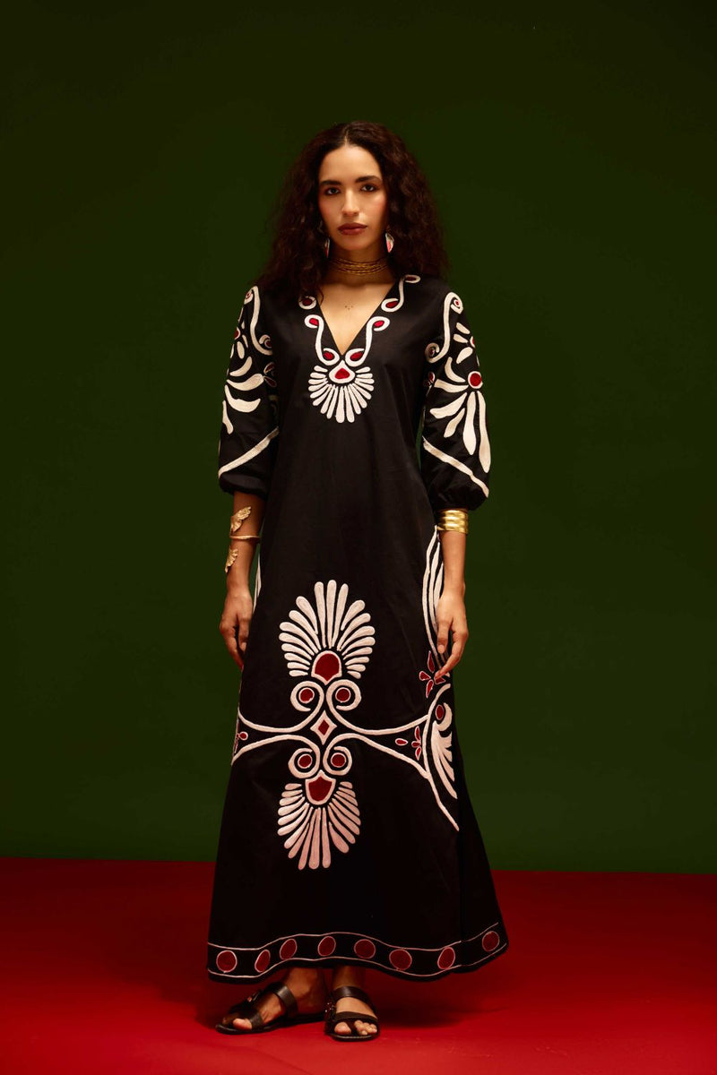 Midnight Blue Cotton Botanical Maxi Thread Embroidered Dress poplin by Indian Summer Story in blue color for women Worldwide