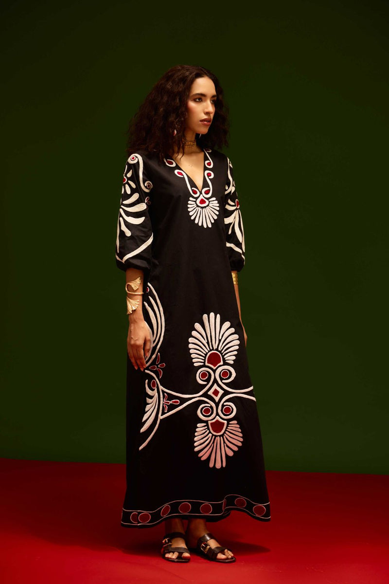 Midnight Blue Cotton Botanical Maxi Thread Embroidered Dress poplin by Indian Summer Story in blue color for women Worldwide