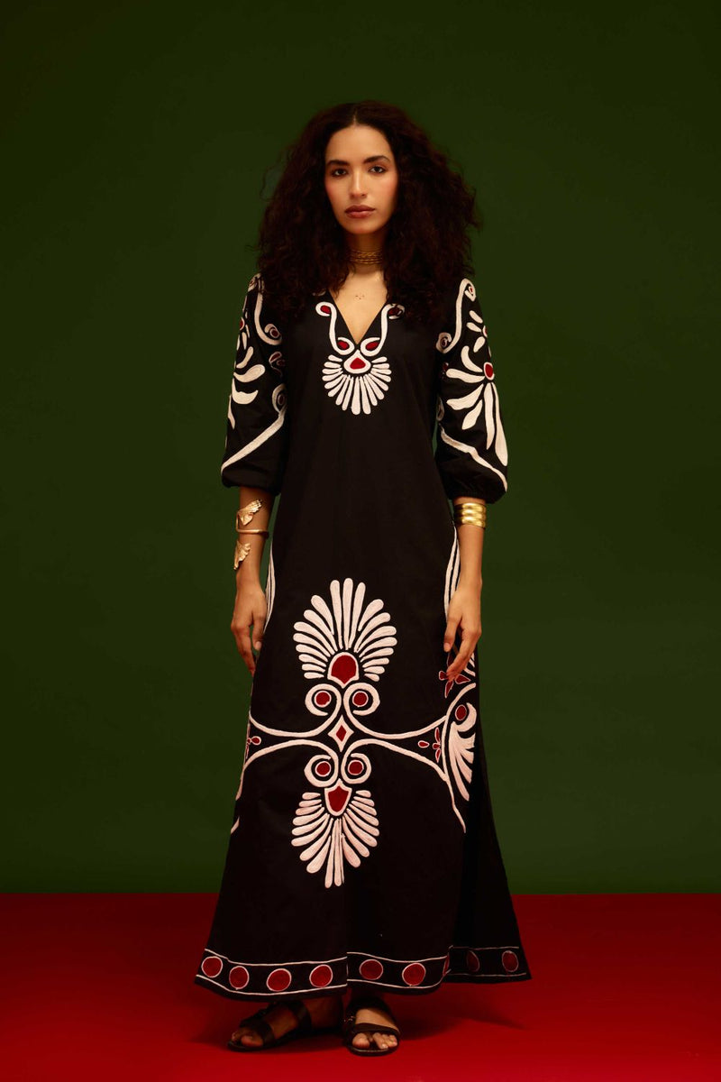 Midnight Blue Cotton Botanical Maxi Thread Embroidered Dress poplin by Indian Summer Story in blue color for women Worldwide