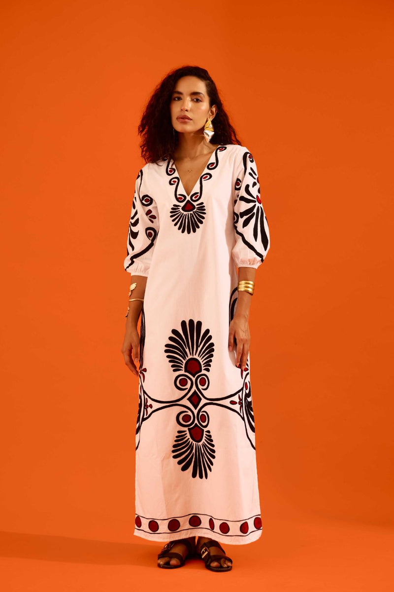 Ivory Cotton Botanical Maxi Thread Embroidered Dress poplin by Indian Summer Story in ivory color for women Worldwide