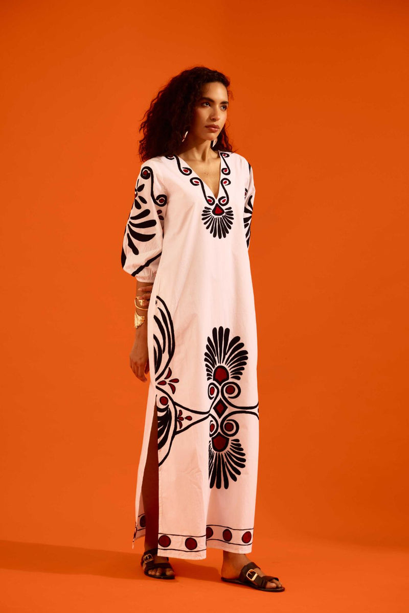 Ivory Cotton Botanical Maxi Thread Embroidered Dress poplin by Indian Summer Story in ivory color for women Worldwide