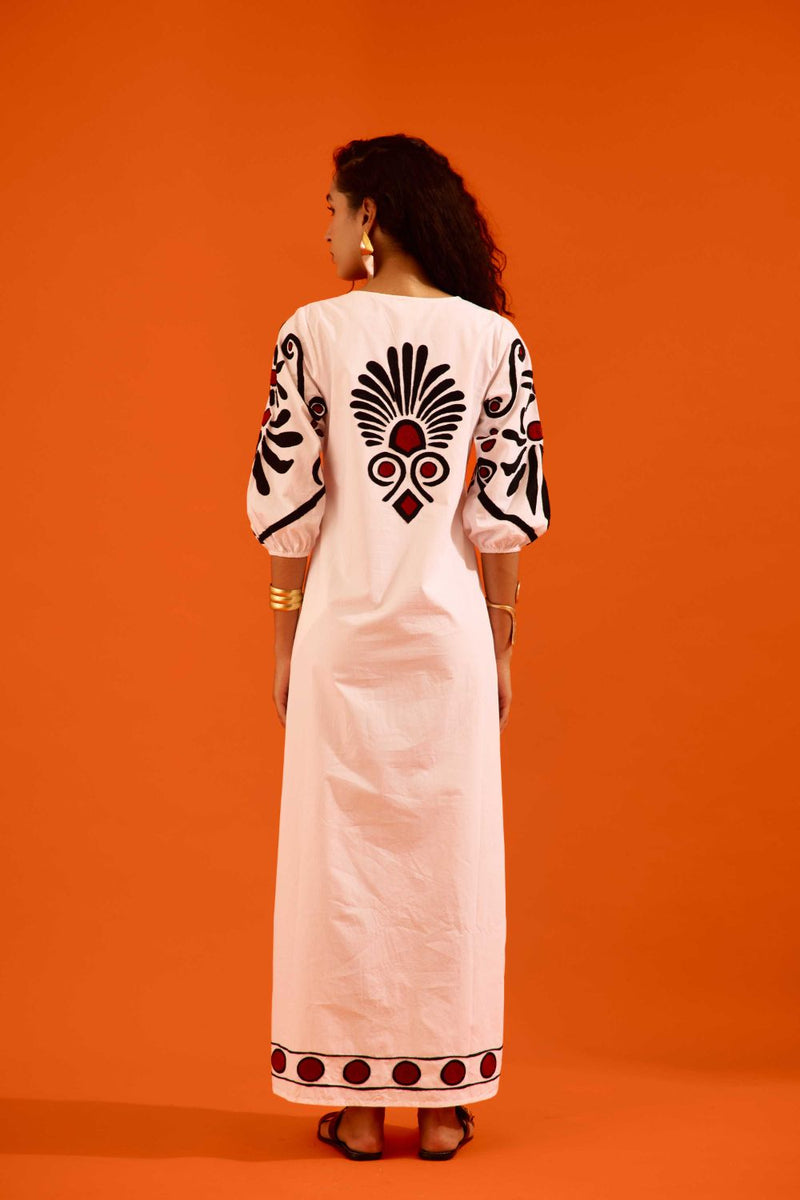 Ivory Cotton Botanical Maxi Thread Embroidered Dress poplin by Indian Summer Story in ivory color for women Worldwide