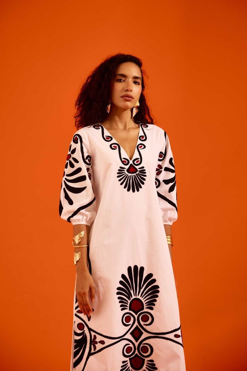 Ivory Cotton Botanical Maxi Thread Embroidered Dress poplin by Indian Summer Story in ivory color for women Worldwide