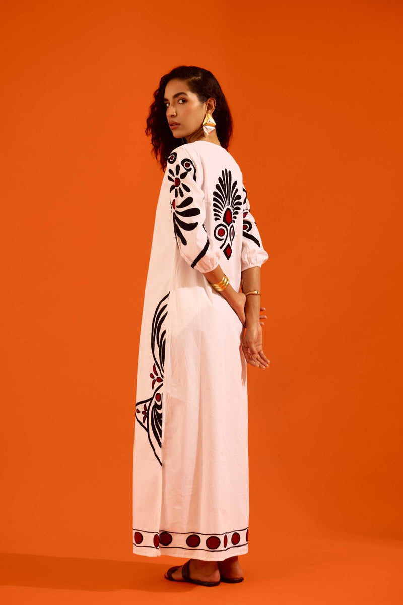 Ivory Cotton Botanical Maxi Thread Embroidered Dress poplin by Indian Summer Story in ivory color for women Worldwide