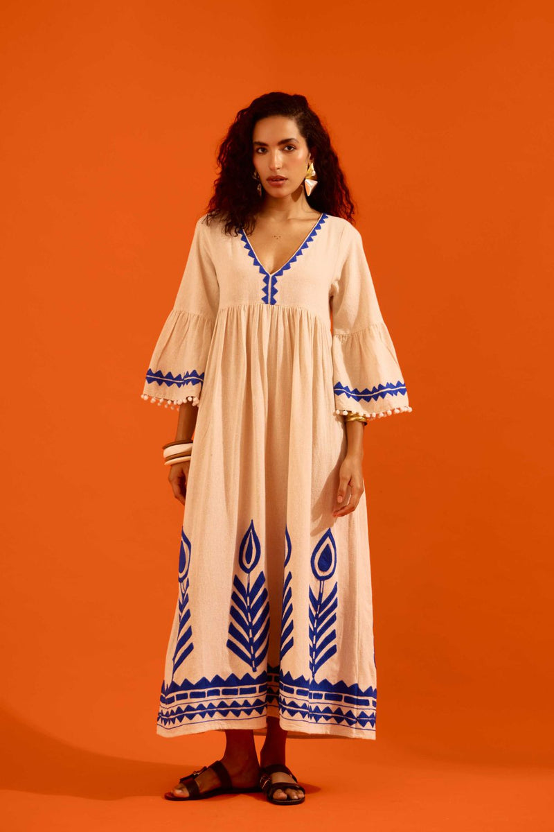 Natural Jute Maxi Dress With Indigo Petal Thread Embroidery by Indian Summer Story in beige color for women Worldwide