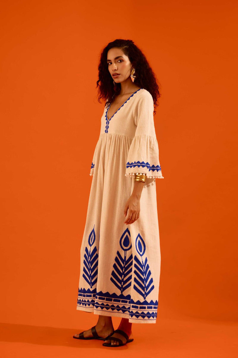 Natural Jute Maxi Dress With Indigo Petal Thread Embroidery by Indian Summer Story in beige color for women Worldwide