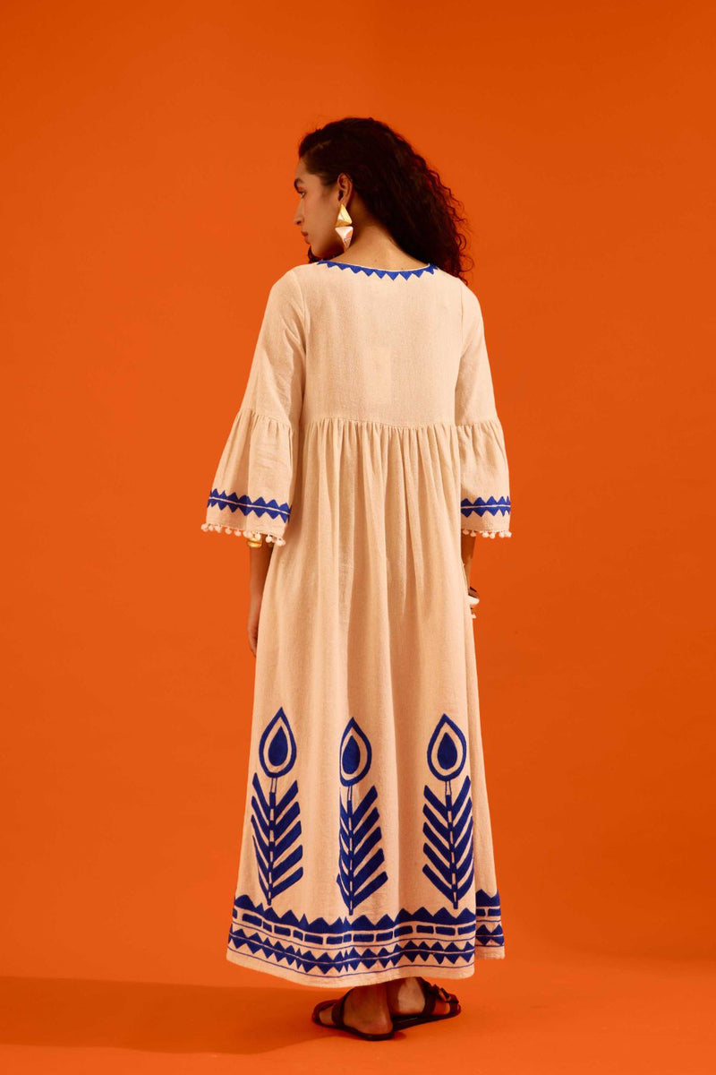 Natural Jute Maxi Dress With Indigo Petal Thread Embroidery by Indian Summer Story in beige color for women Worldwide