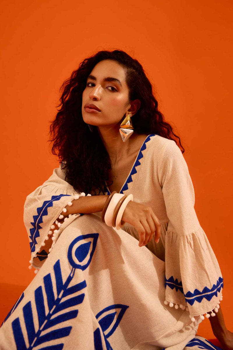 Natural Jute Maxi Dress With Indigo Petal Thread Embroidery by Indian Summer Story in beige color for women Worldwide