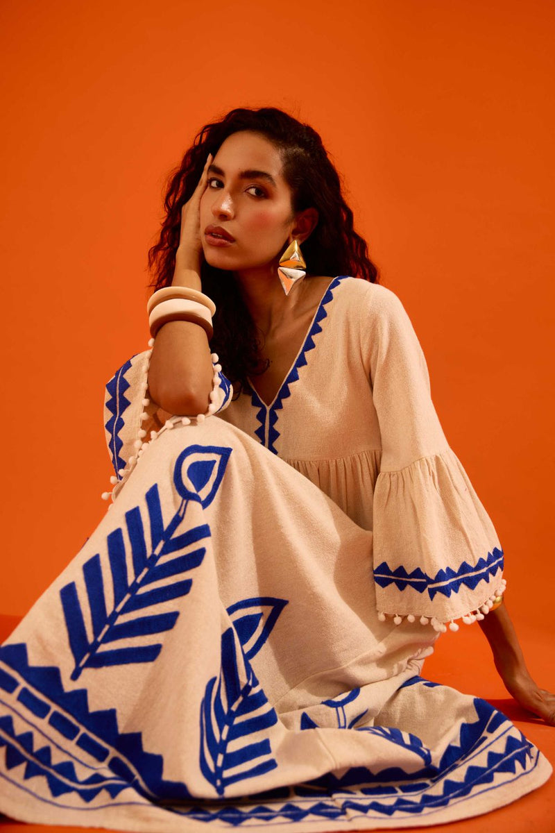 Natural Jute Maxi Dress With Indigo Petal Thread Embroidery by Indian Summer Story in beige color for women Worldwide