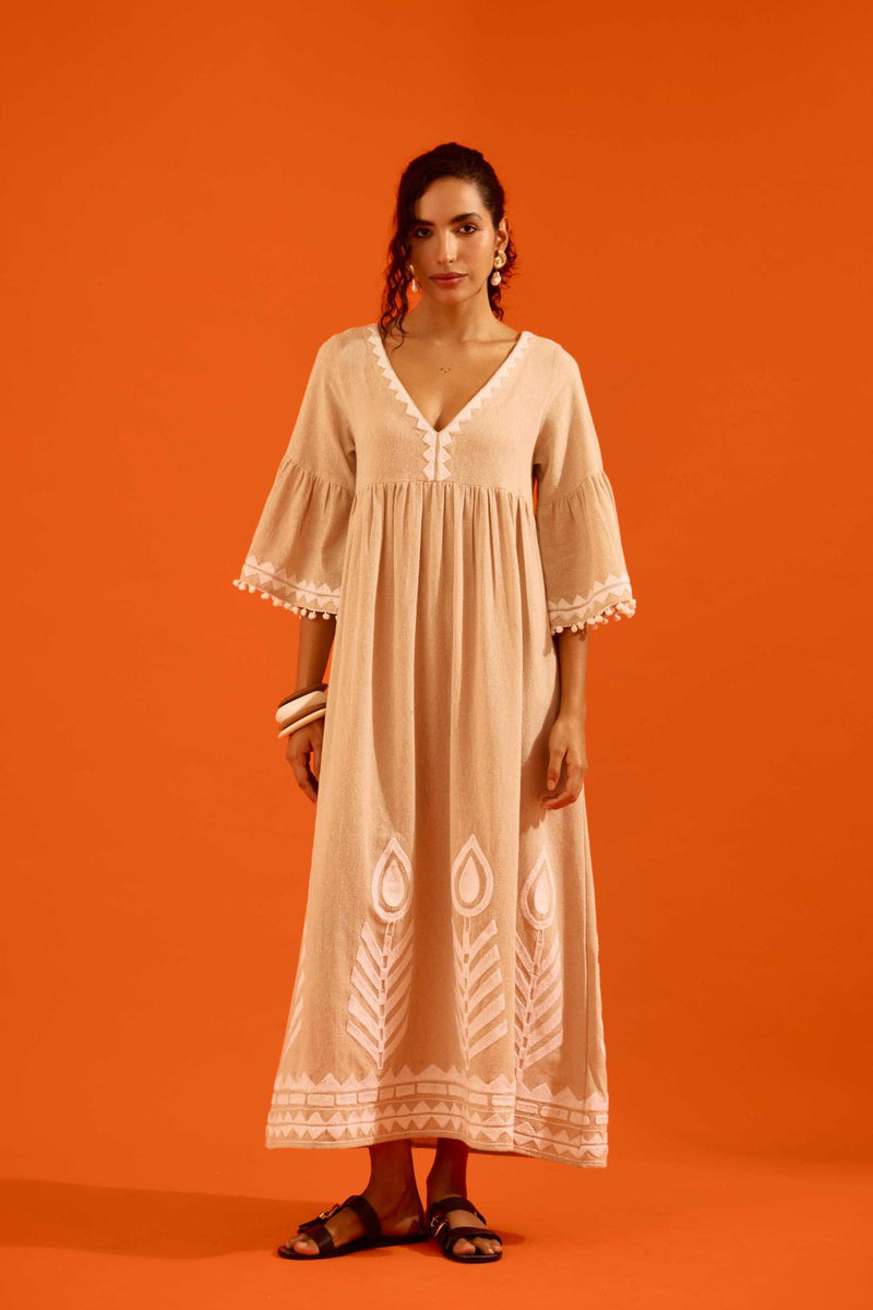Natural Jute Maxi Dress With Ivory Petal Thread Embroidery by Indian Summer Story in beige color for women Worldwide