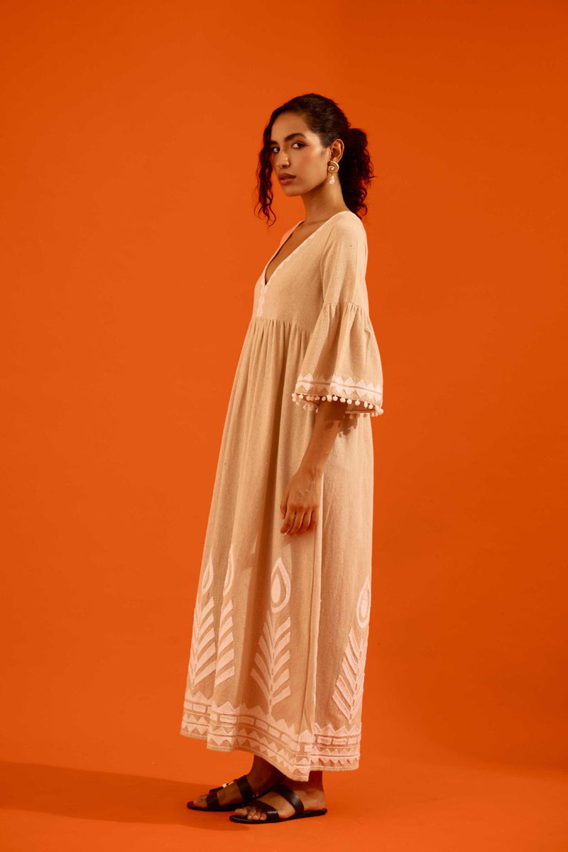 Natural Jute Maxi Dress With Ivory Petal Thread Embroidery by Indian Summer Story in beige color for women Worldwide
