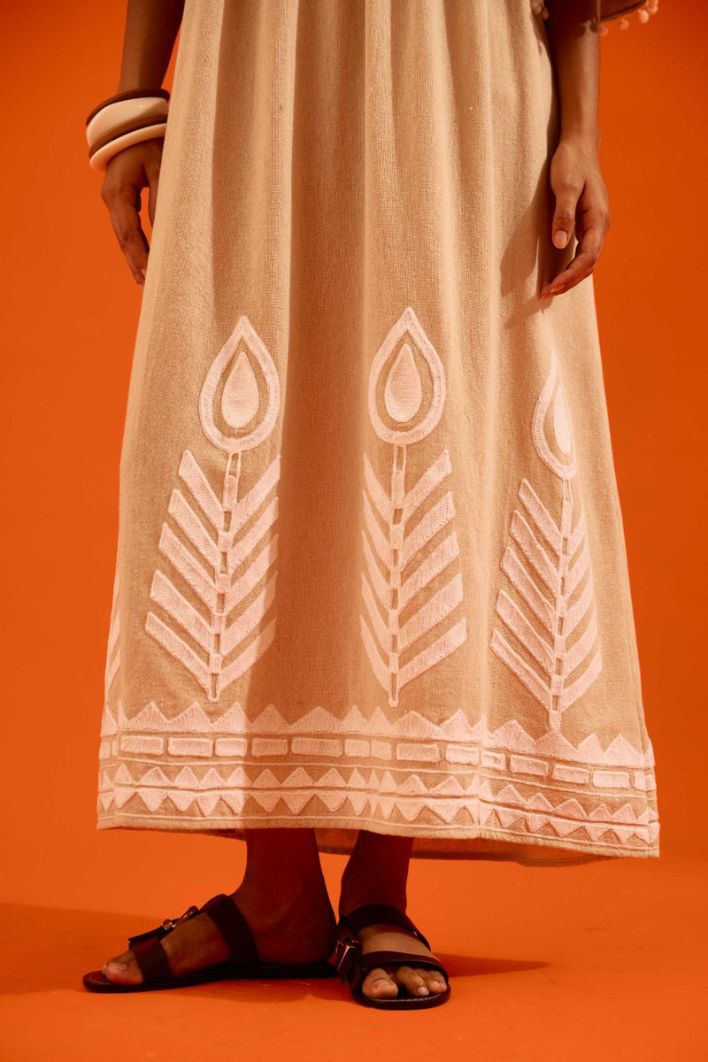 Natural Jute Maxi Dress With Ivory Petal Thread Embroidery by Indian Summer Story in beige color for women Worldwide