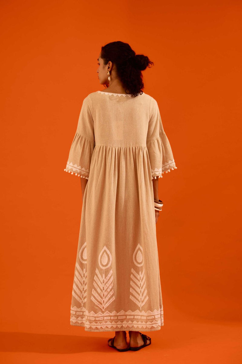 Natural Jute Maxi Dress With Ivory Petal Thread Embroidery by Indian Summer Story in beige color for women Worldwide