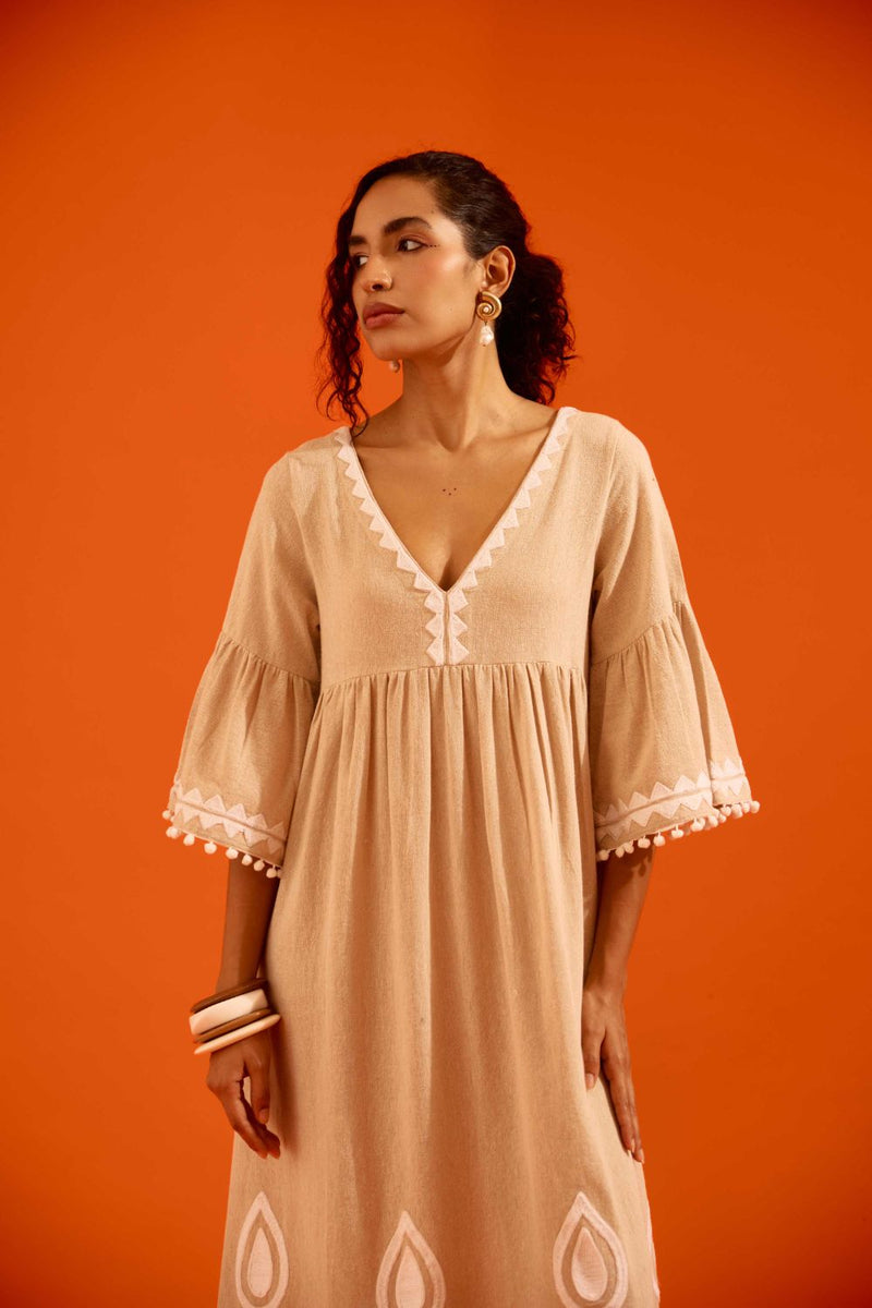 Natural Jute Maxi Dress With Ivory Petal Thread Embroidery by Indian Summer Story in beige color for women Worldwide