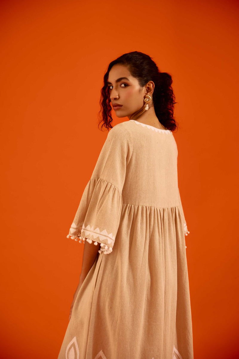 Natural Jute Maxi Dress With Ivory Petal Thread Embroidery by Indian Summer Story in beige color for women Worldwide
