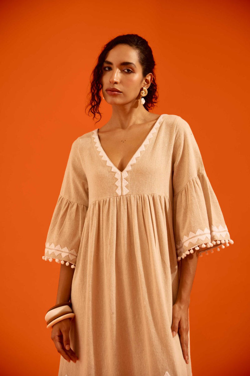Natural Jute Maxi Dress With Ivory Petal Thread Embroidery by Indian Summer Story in beige color for women Worldwide