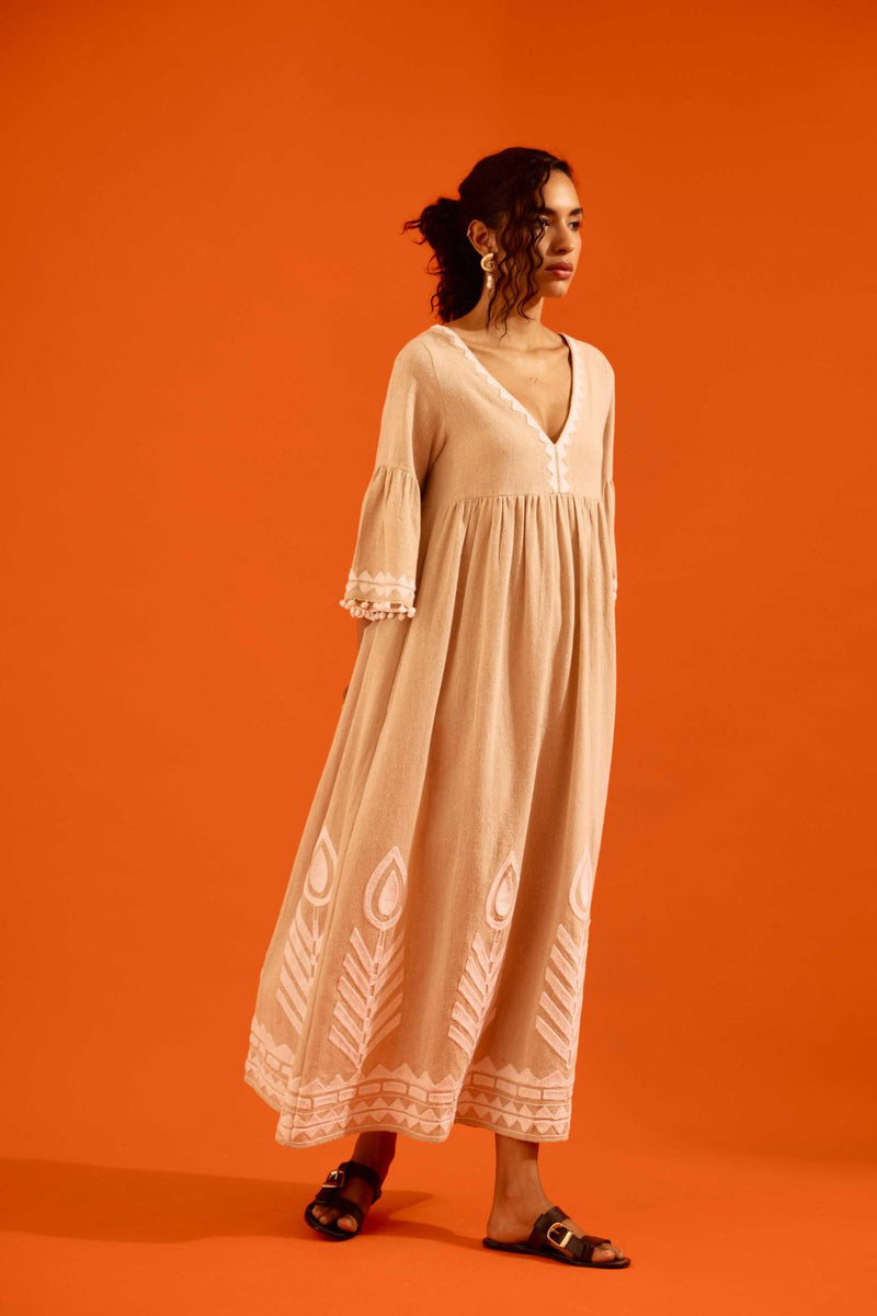 Natural Jute Maxi Dress With Ivory Petal Thread Embroidery by Indian Summer Story in beige color for women Worldwide