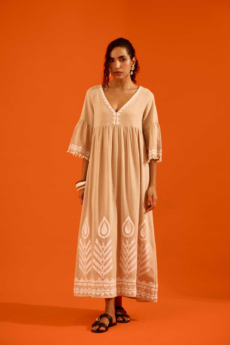 Natural Jute Maxi Dress With Ivory Petal Thread Embroidery by Indian Summer Story in beige color for women Worldwide