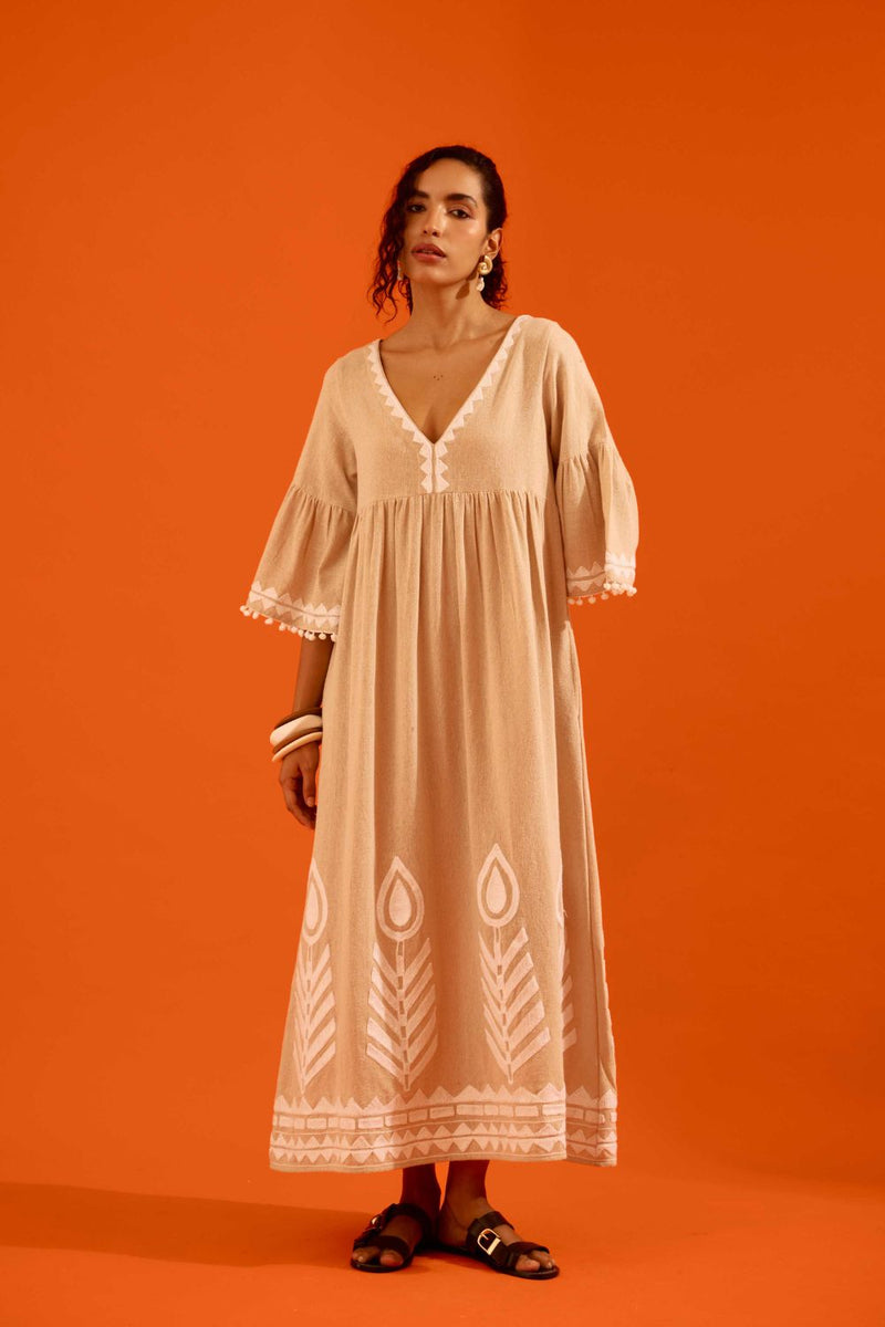 Natural Jute Maxi Dress With Ivory Petal Thread Embroidery by Indian Summer Story in beige color for women Worldwide