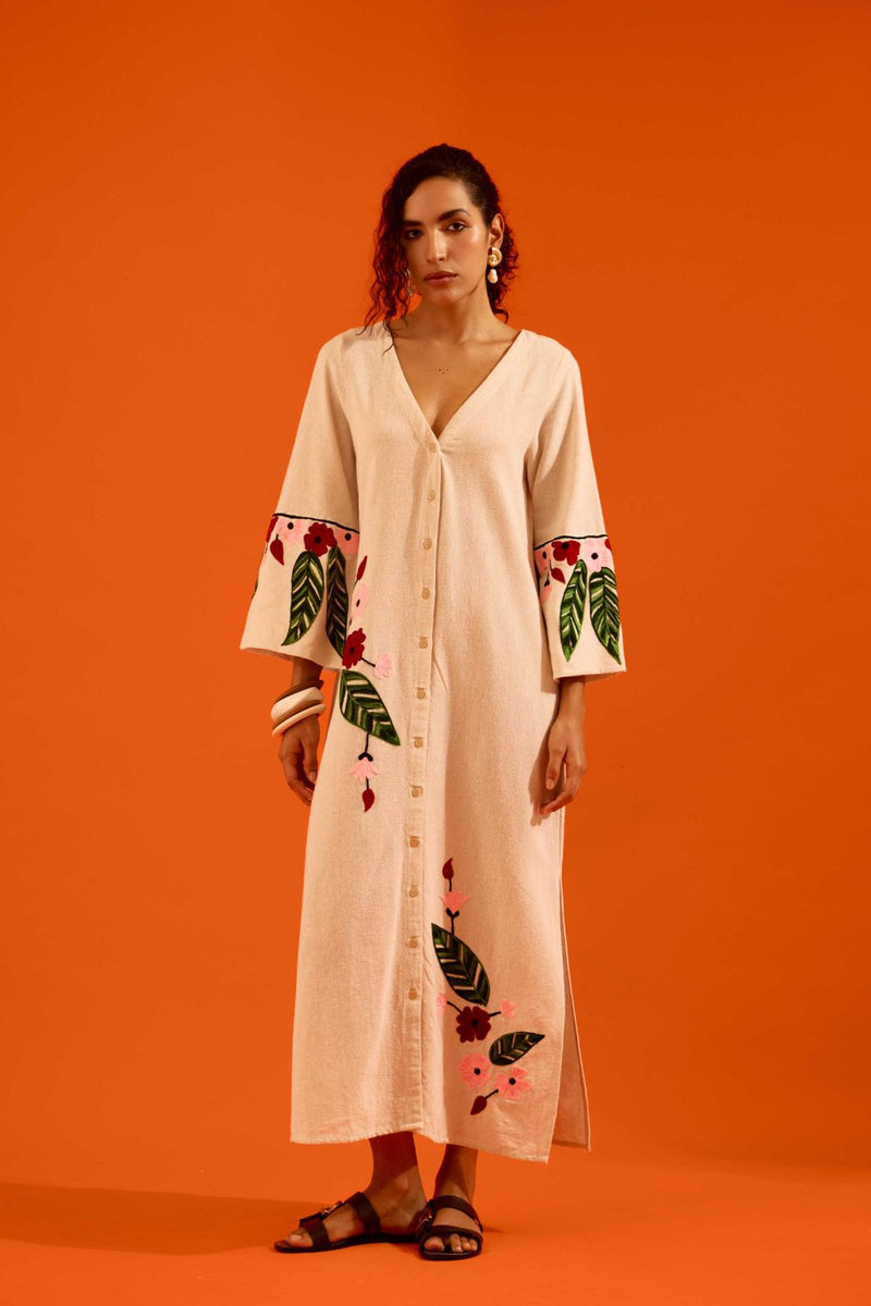 Natural Jute Maxi Dress With Multi Color Floral Thread Embroidery by Indian Summer Story in beige color for women Worldwide