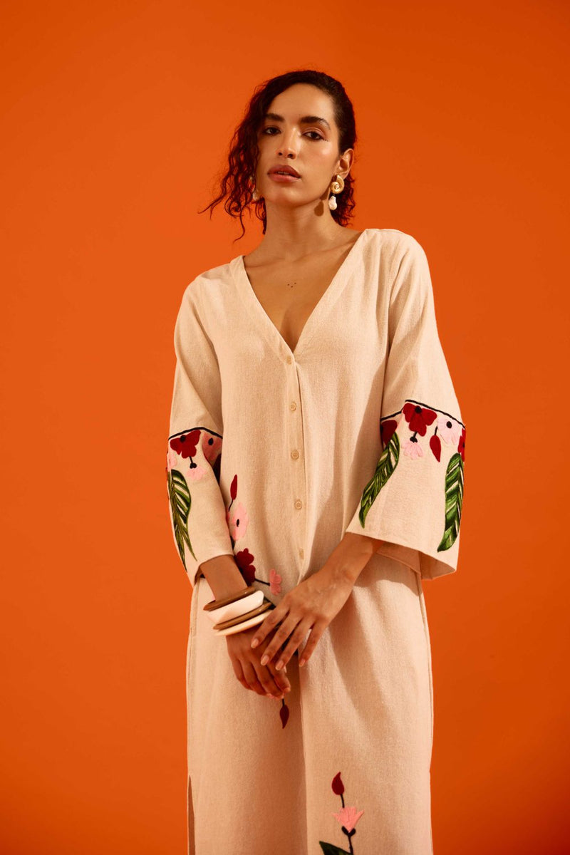 Natural Jute Maxi Dress With Multi Color Floral Thread Embroidery by Indian Summer Story in beige color for women Worldwide