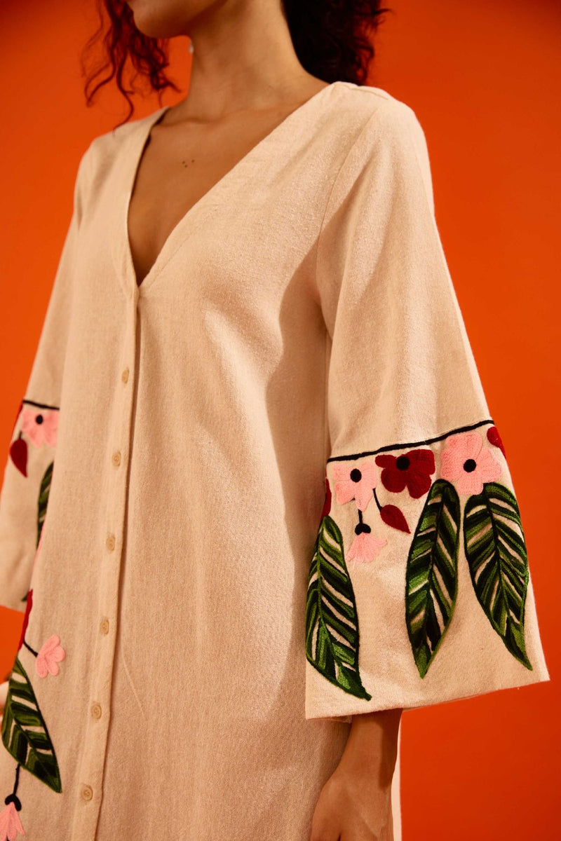 Natural Jute Maxi Dress With Multi Color Floral Thread Embroidery by Indian Summer Story in beige color for women Worldwide