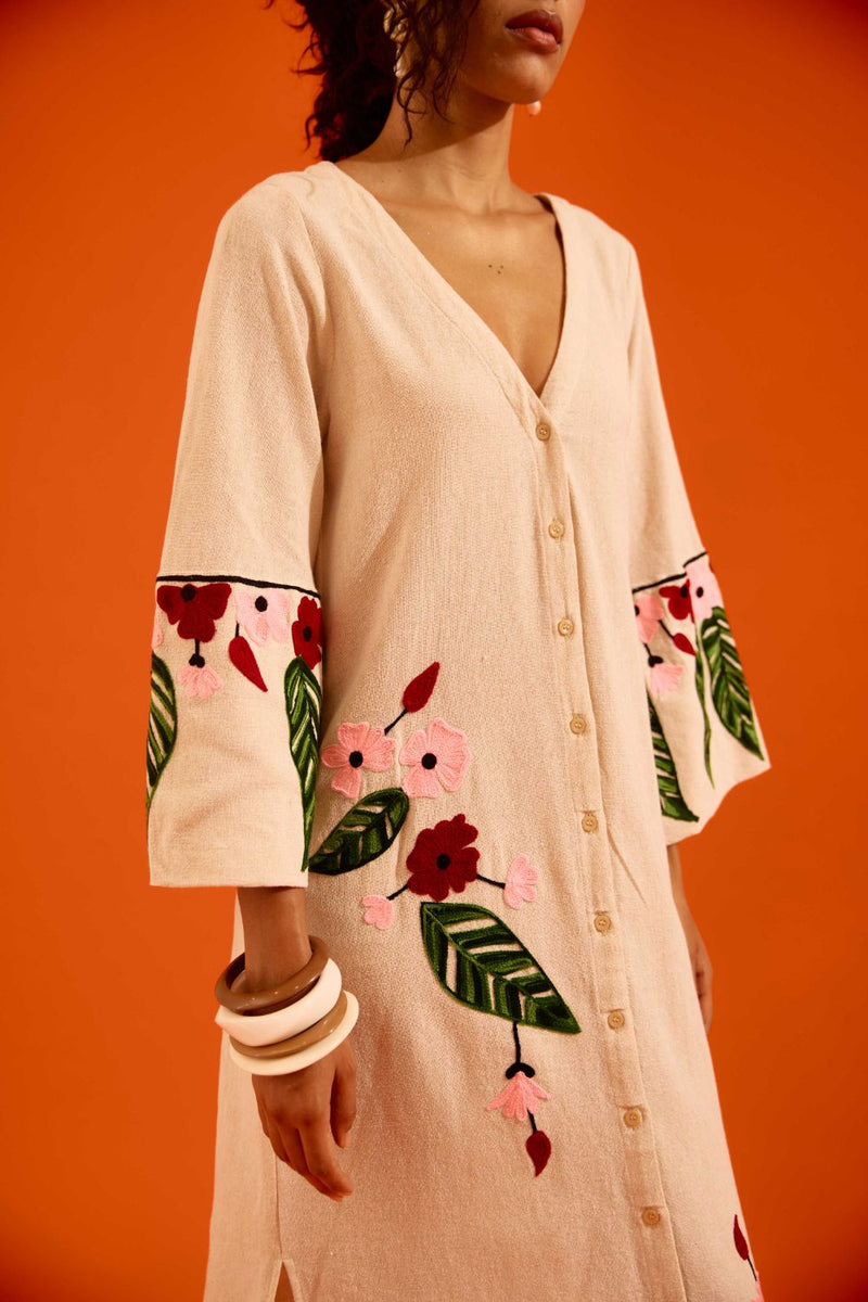 Natural Jute Maxi Dress With Multi Color Floral Thread Embroidery by Indian Summer Story in beige color for women Worldwide